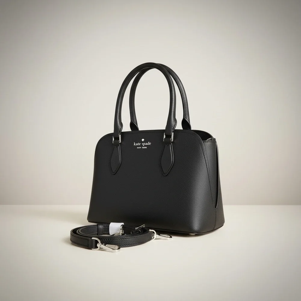 Kate Spade Black Pebbled Leather Satchel Tote Gold Hardware Quiet Luxury
